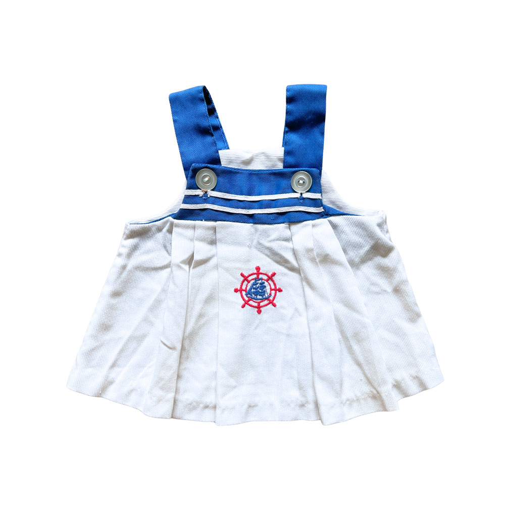 Vtg 80s Baby Sailor Nautical Pinafore Dress Embroidered Beachy Coastal Americana